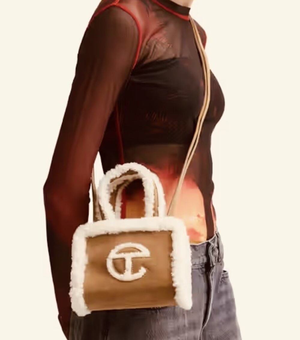 UGG x Telfar Small Shopping Bag in Chestnut shearling and suede Double Strap